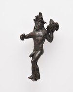 Nacktes Männchen mit Narrenkappe und Fruchtschale